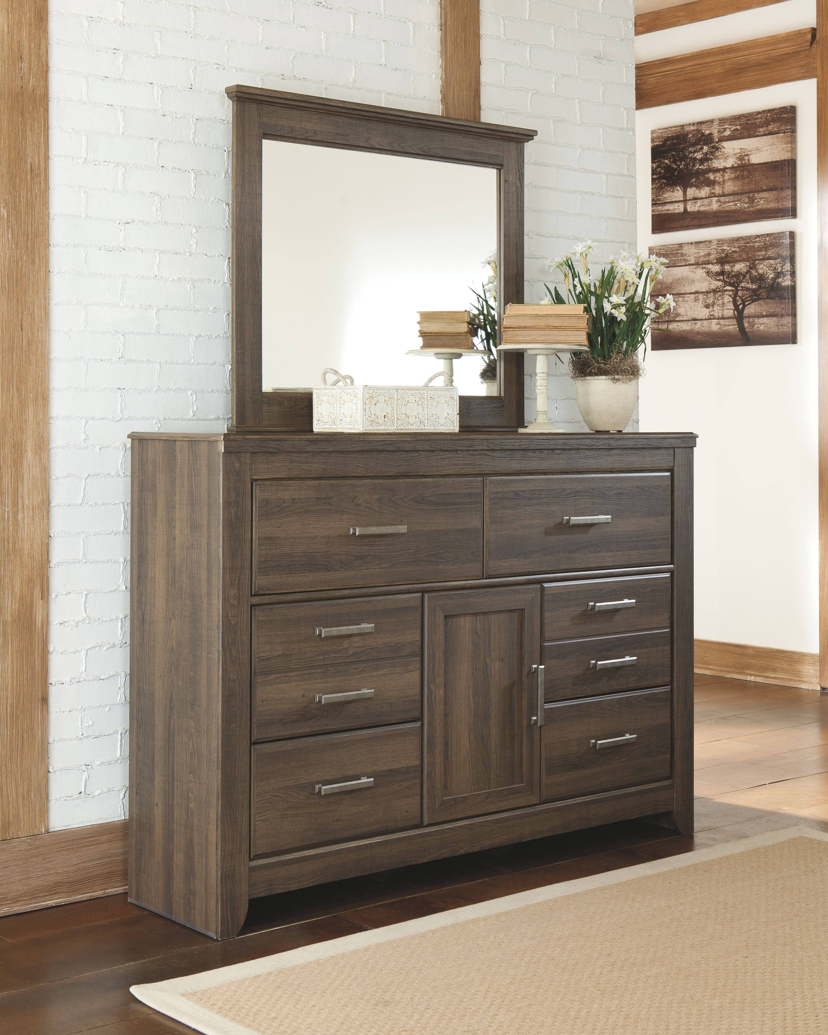 Dark brown wood dresser with 6 drawers and double-door cabinet, metal bar pulls