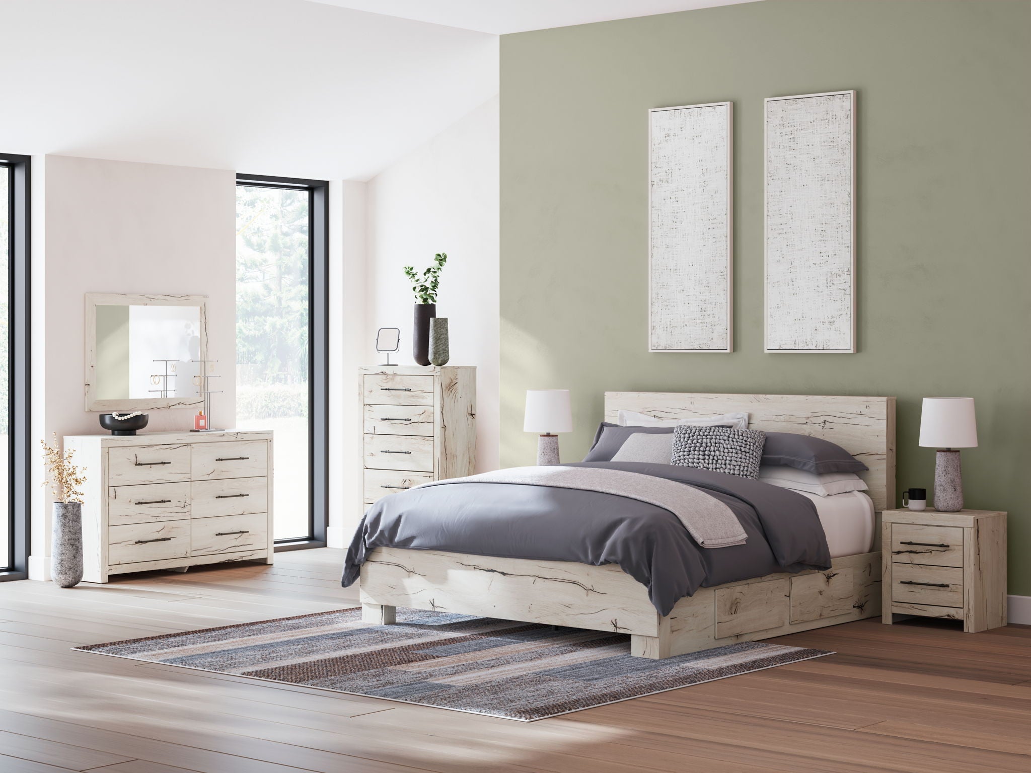 Bedroom storage set with bed and two nightstands, light wood finish, gray bedding