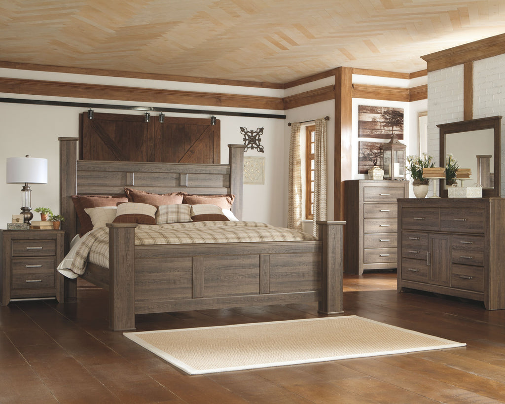 Dark brown wood dresser with drawers and double-door cabinet, metal bar pulls