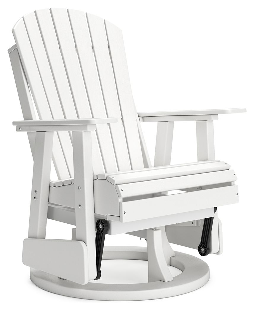 White swivel glider chair with vertical slat back, armrests, and wide circular base.