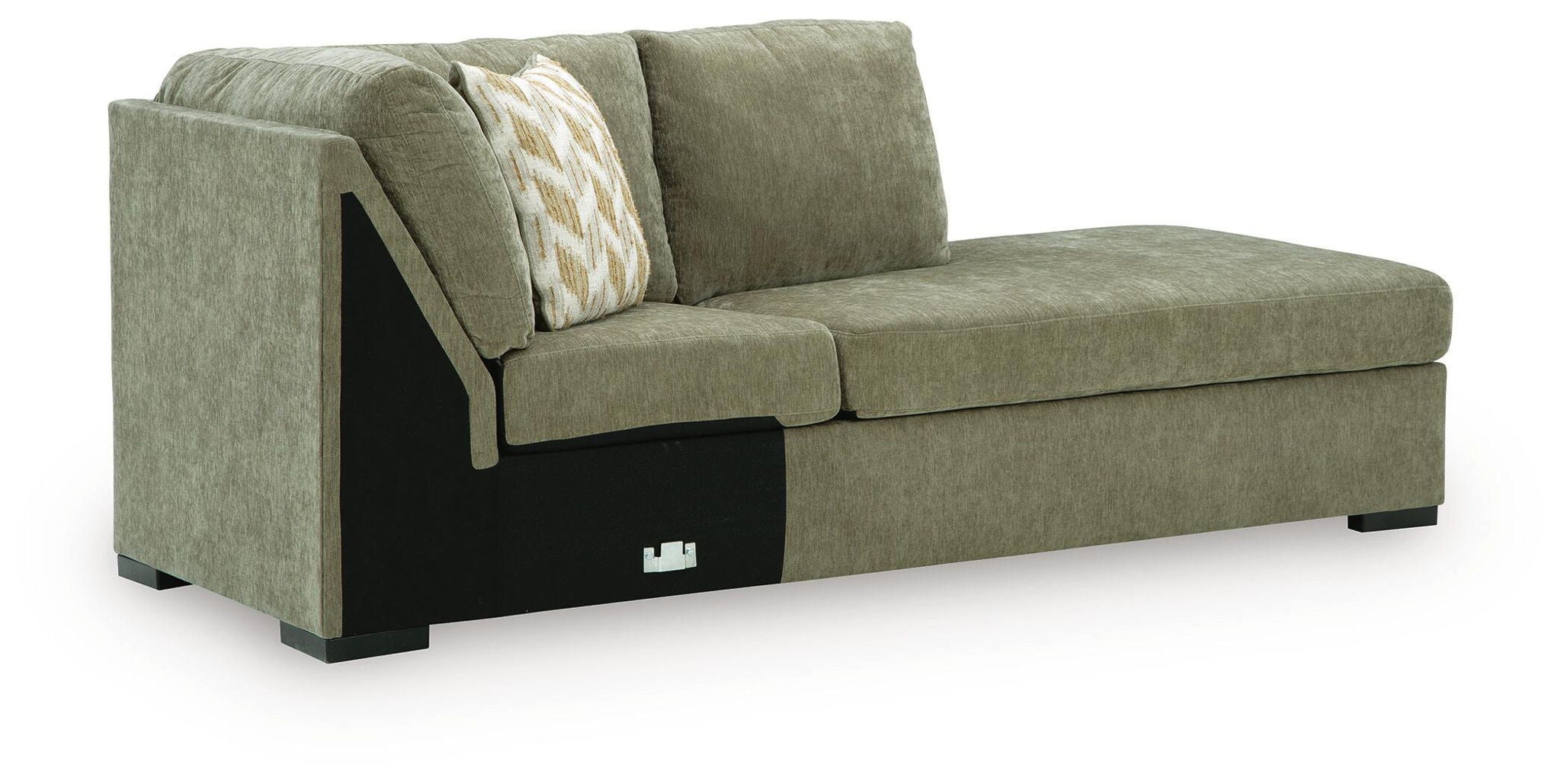 Green corner chaise sofa with square arms, dark legs, and patterned throw pillow