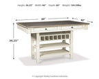 Beige rectangular dining counter table with two drawers and two-tier open shelf base