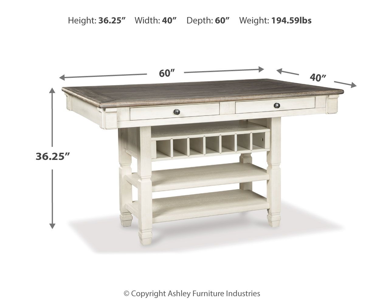 Beige rectangular dining counter table with two drawers and two-tier open shelf base