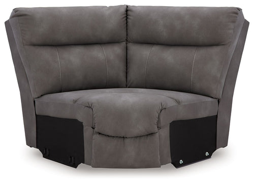 Slate gray upholstered wedge sofa section with tall back and padded armrests