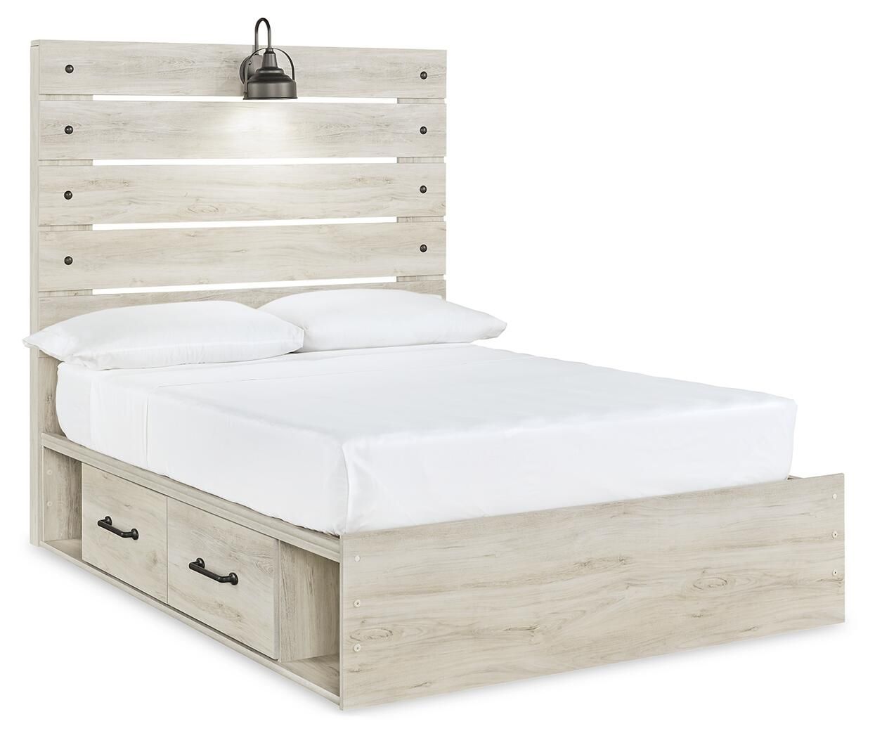 Beige panel bed with white mattress and two front storage drawers, panel headboard
