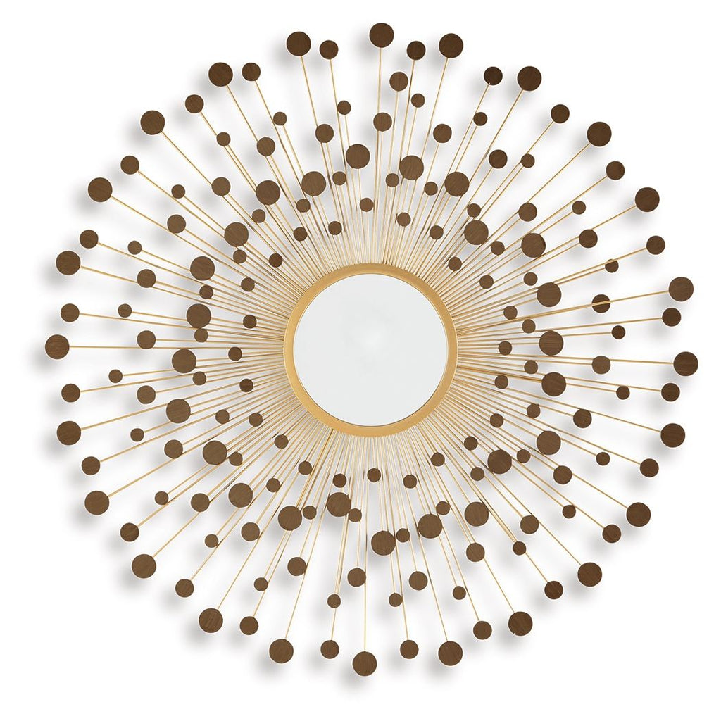 Accent wall mirror with round mirror center and bronze-gold sunburst metal rod frame