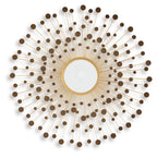 Accent wall mirror with round mirror center and bronze-gold sunburst metal rod frame