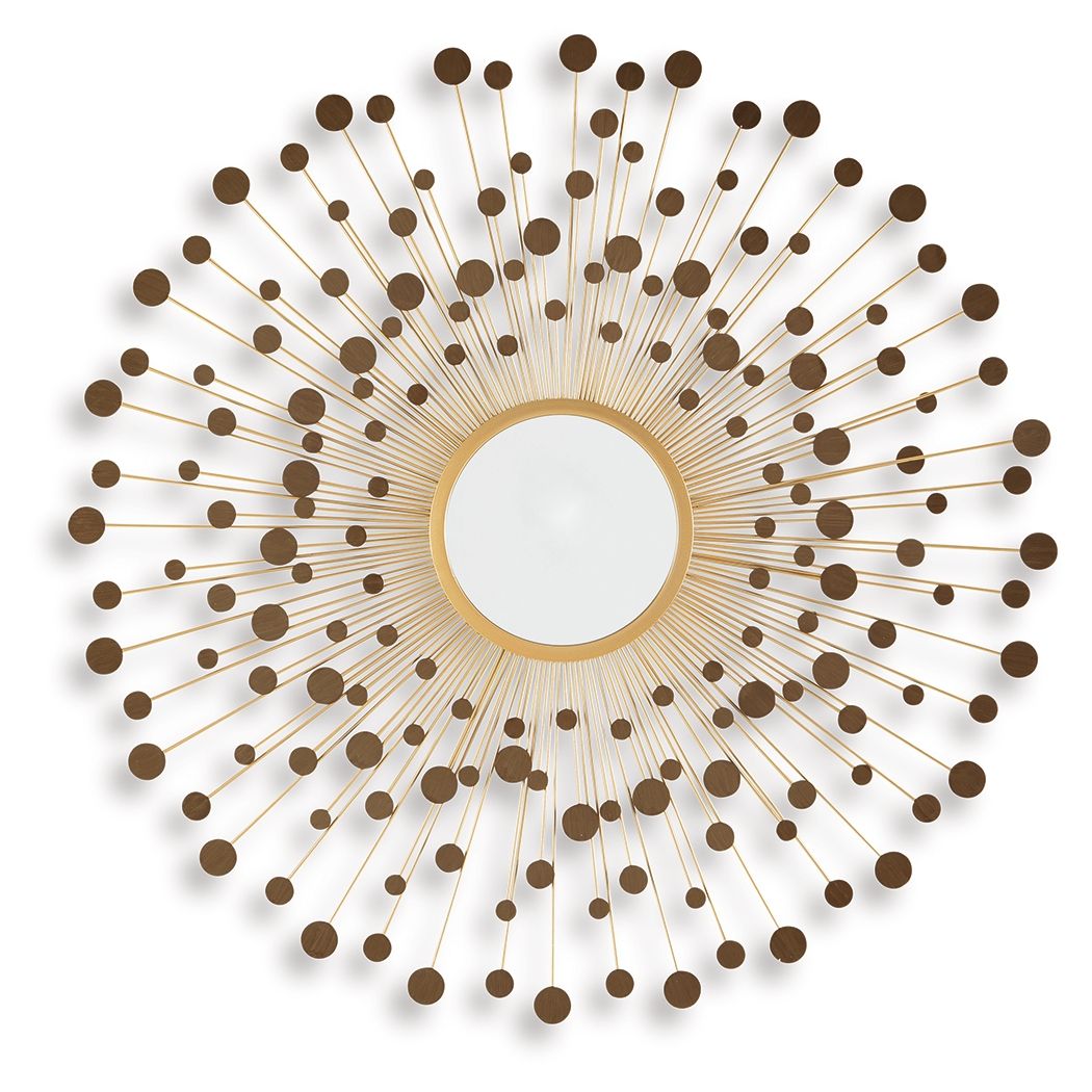 Accent wall mirror with round mirror center and bronze-gold sunburst metal rod frame
