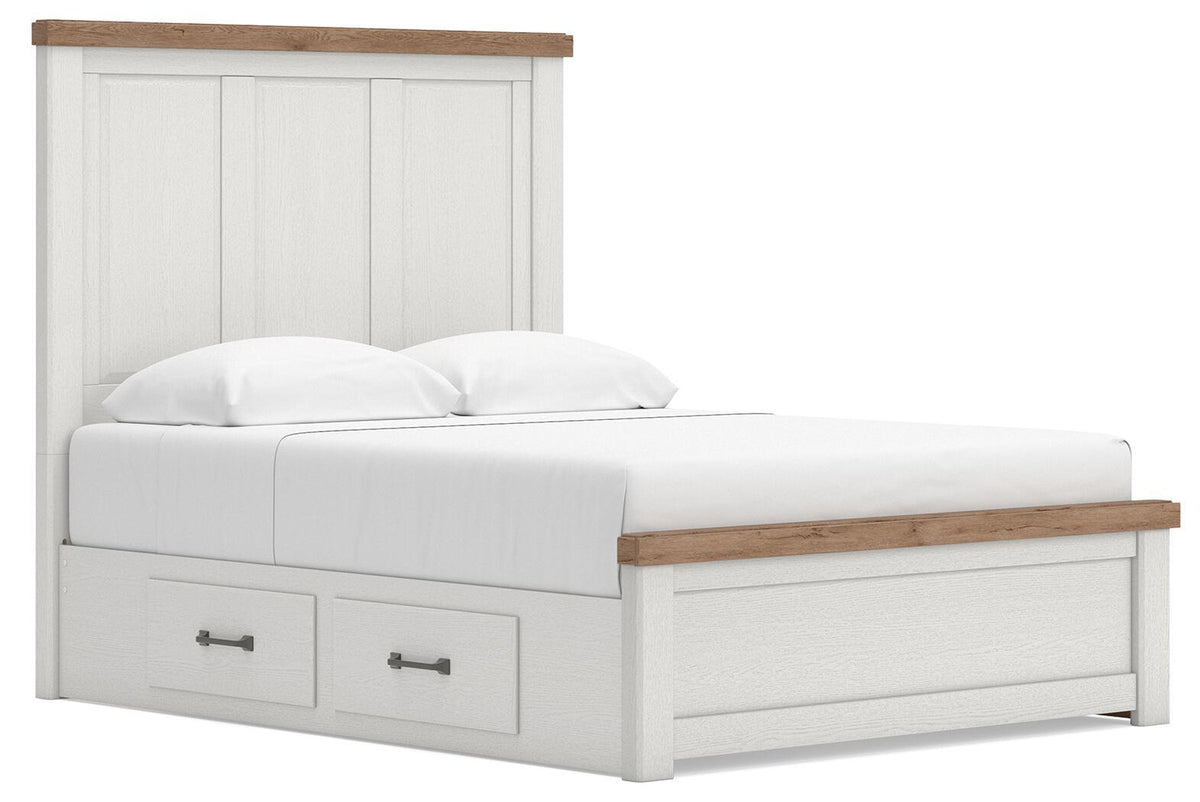 White storage bed with side view showing front drawers under the headboard
