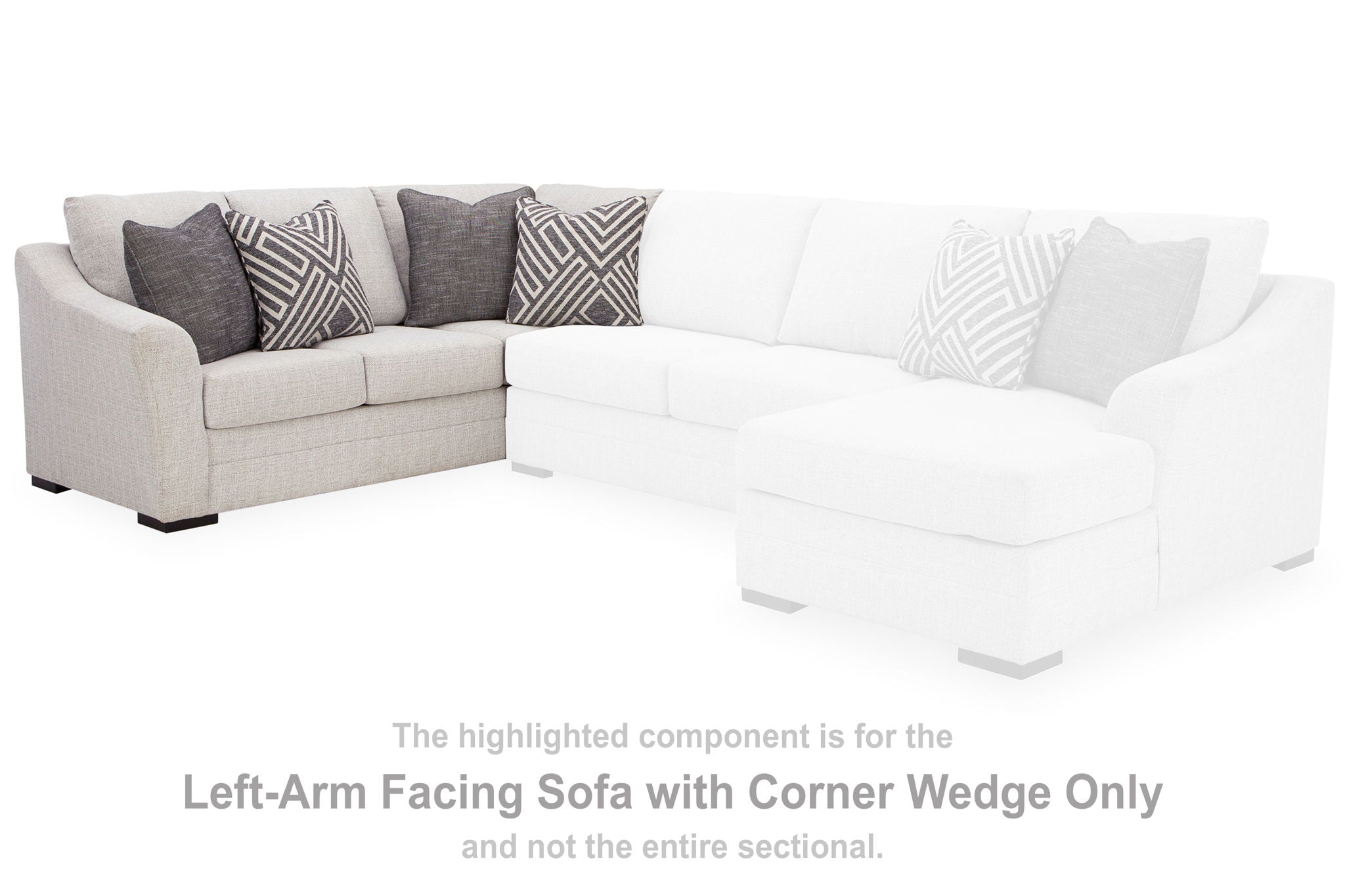 Left-side sectional sofa with corner wedge and gray chevron plus solid throw pillows