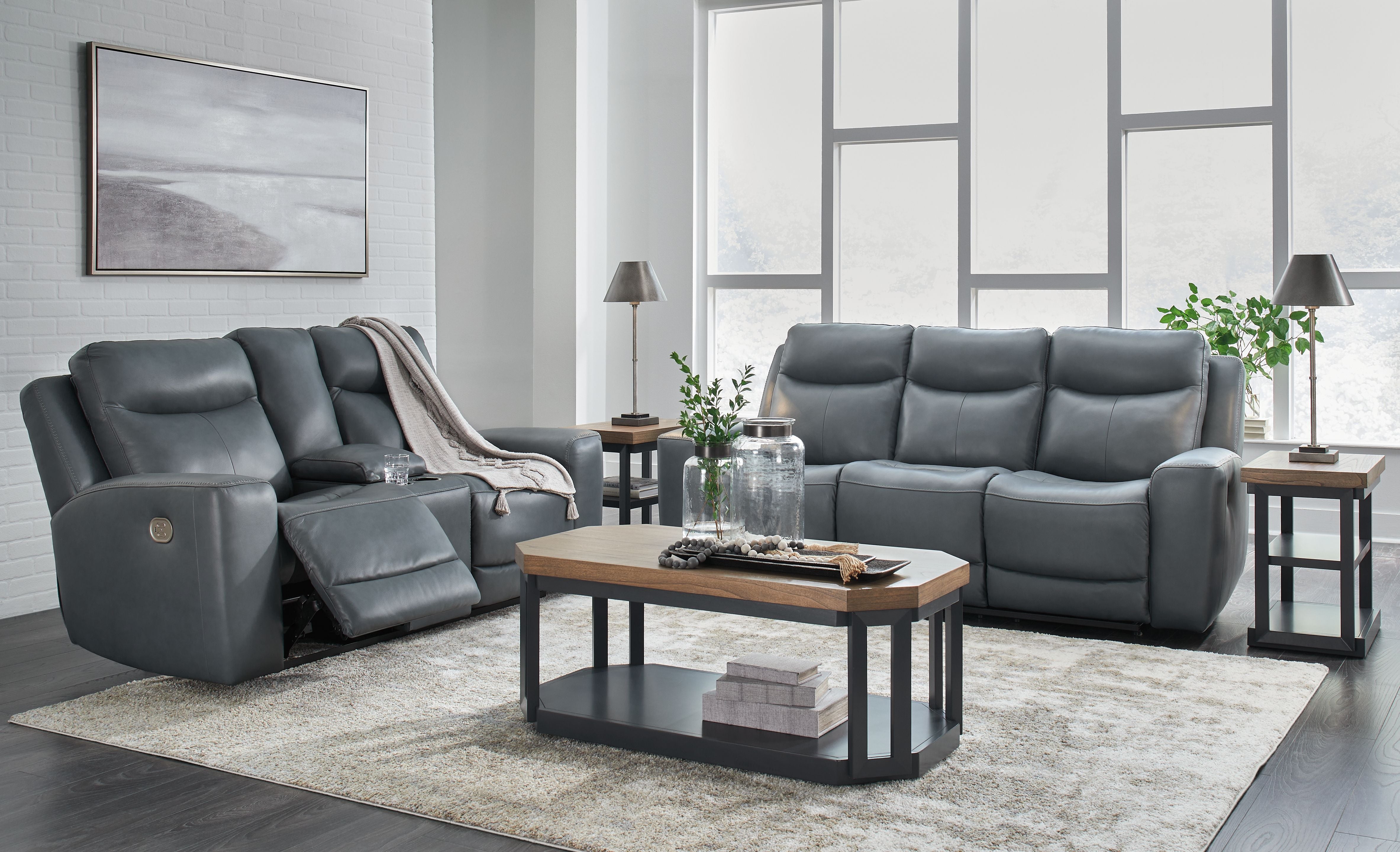 Mindanao Steel 2-Piece Gray Leather Power Reclining Living Room Set: Sofa, Loveseat with Console