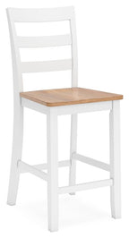 White barstool with slatted back and square wooden seat, front view