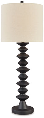 Black geometric base buffet lamp with beige drum shade