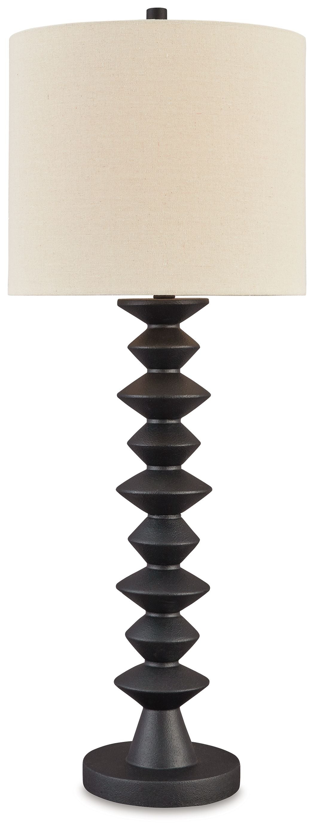 Black geometric base buffet lamp with beige drum shade