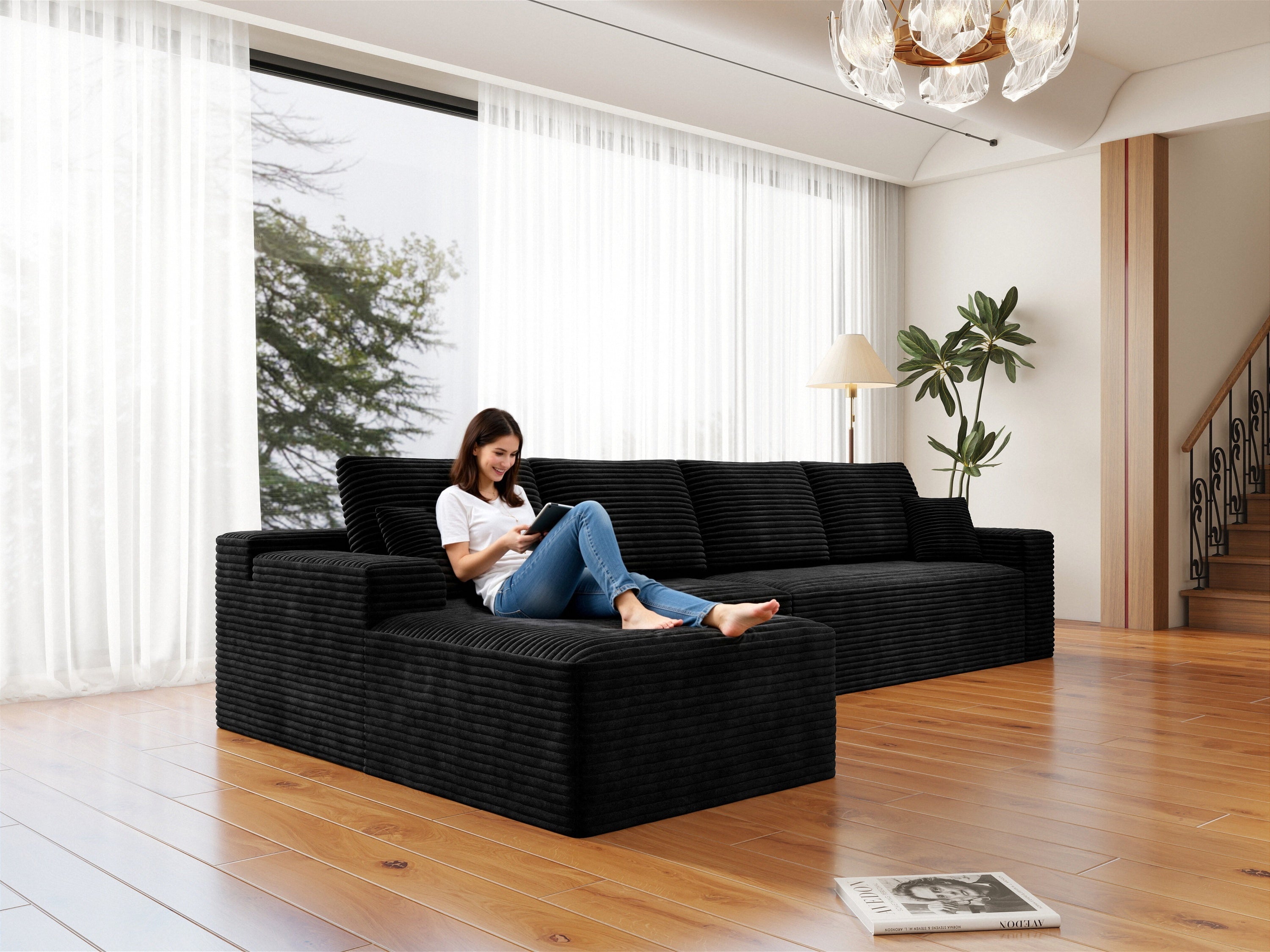 Black Modular Corduroy Sectional Sofa Couch - 4PC, No Assembly
