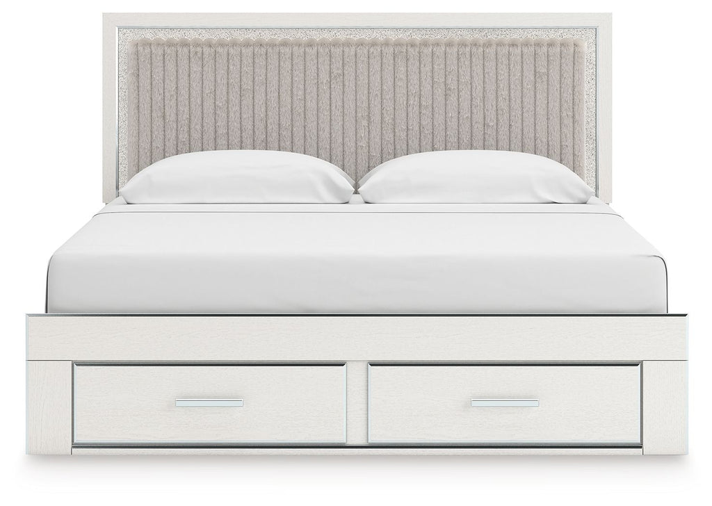 Upholstered panel platform storage bed, light headboard with two front drawers and white bedding