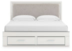 Upholstered panel platform storage bed, light headboard with two front drawers and white bedding