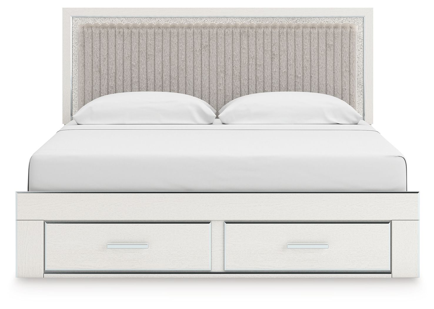 Upholstered panel platform storage bed, light headboard with two front drawers and white bedding