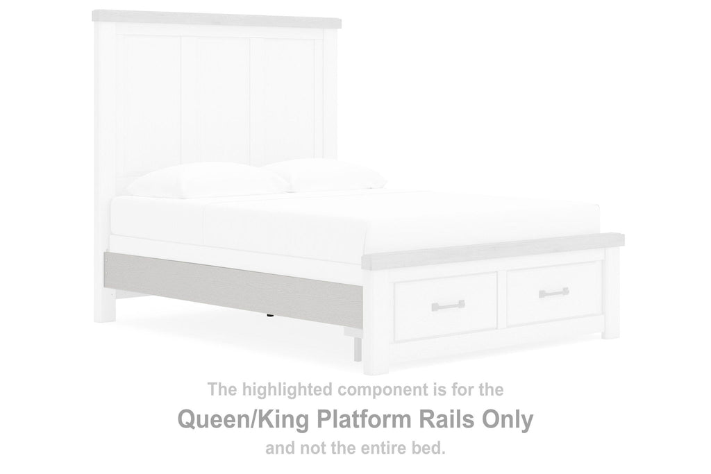 White queen/king platform rails with two drawers, side bed panel