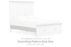 White queen/king platform rails with two drawers, side bed panel