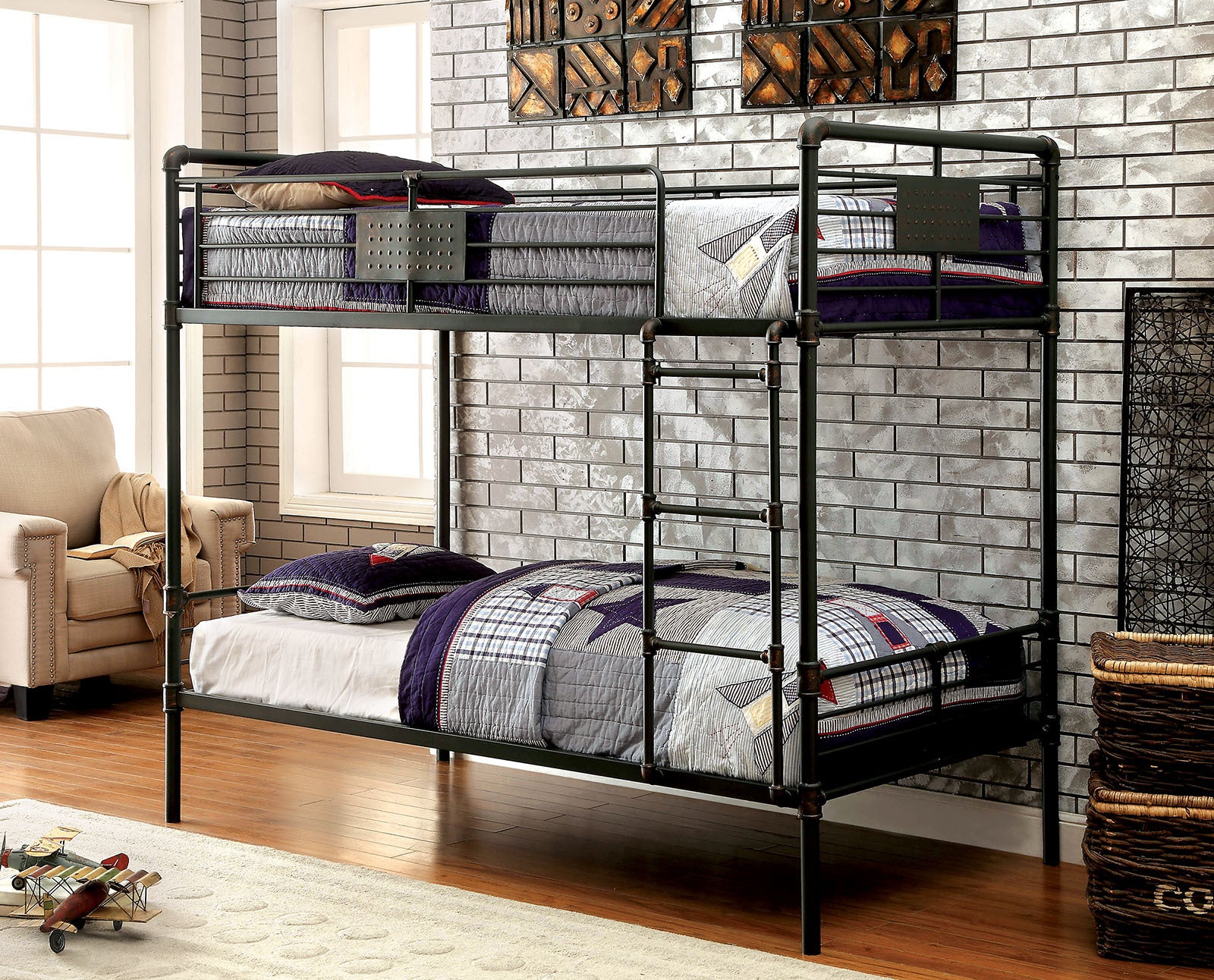 Industrial Pipe Metal Twin Over Twin Bunk Bed, Antique Black