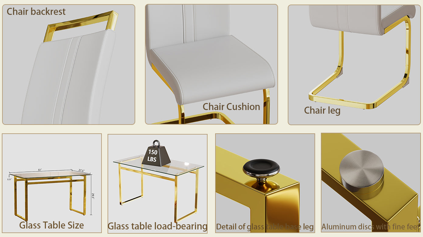 51" Glass Dining Table Set for 4 - Gold Legs