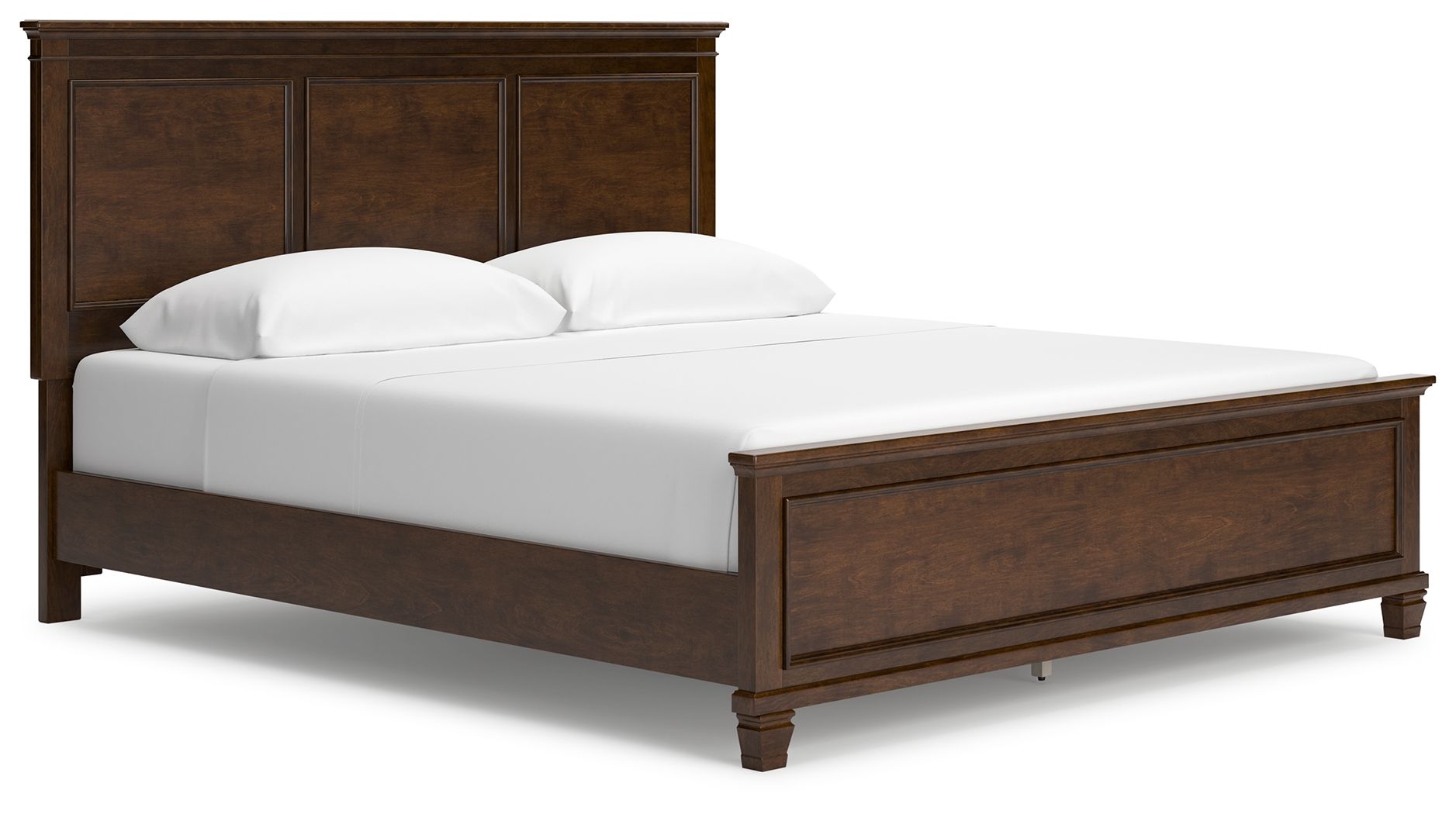Dark brown panel bed with white mattress and two pillows, paneled headboard view.