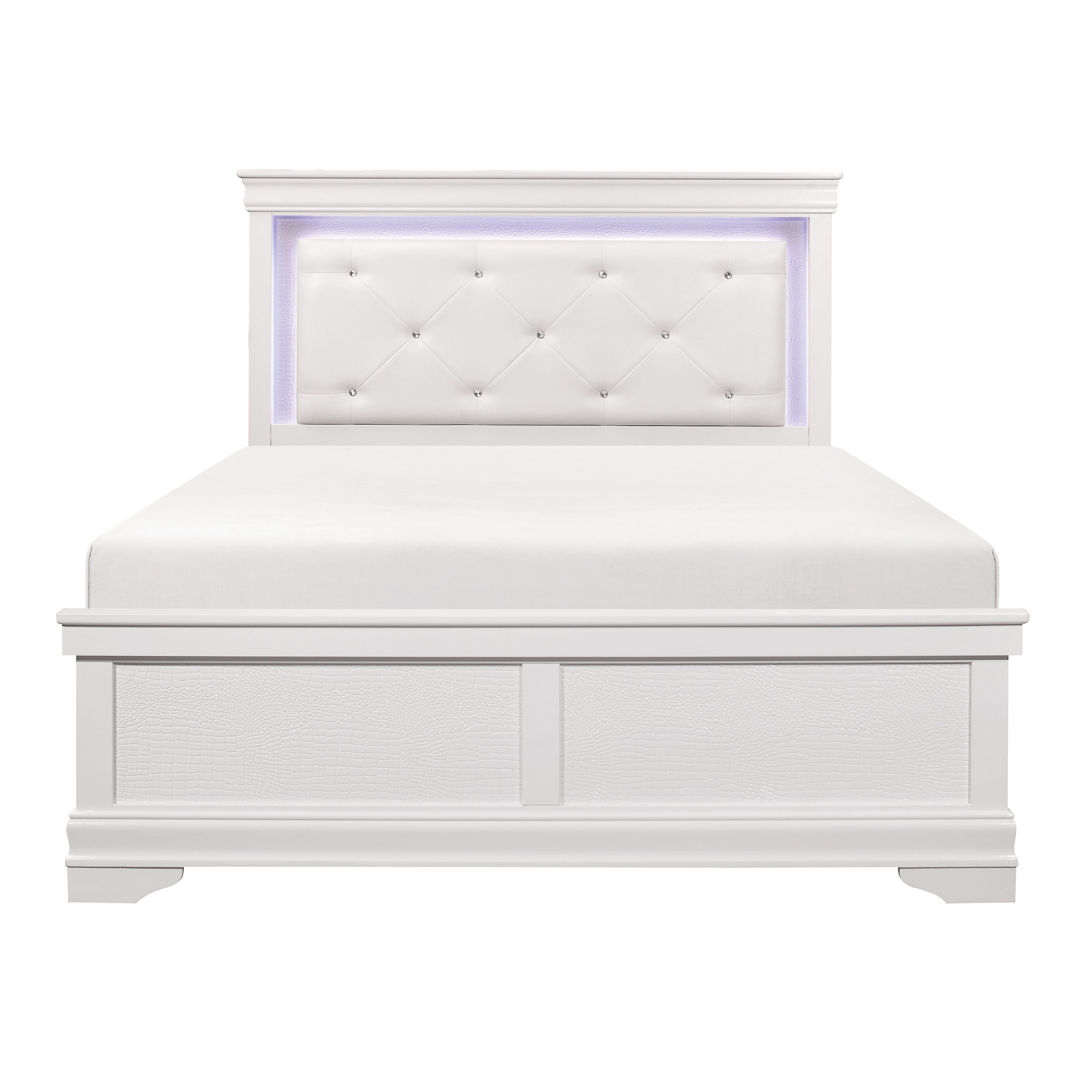 Traditional White Queen Bed with LED Button-Tufted Headboard
