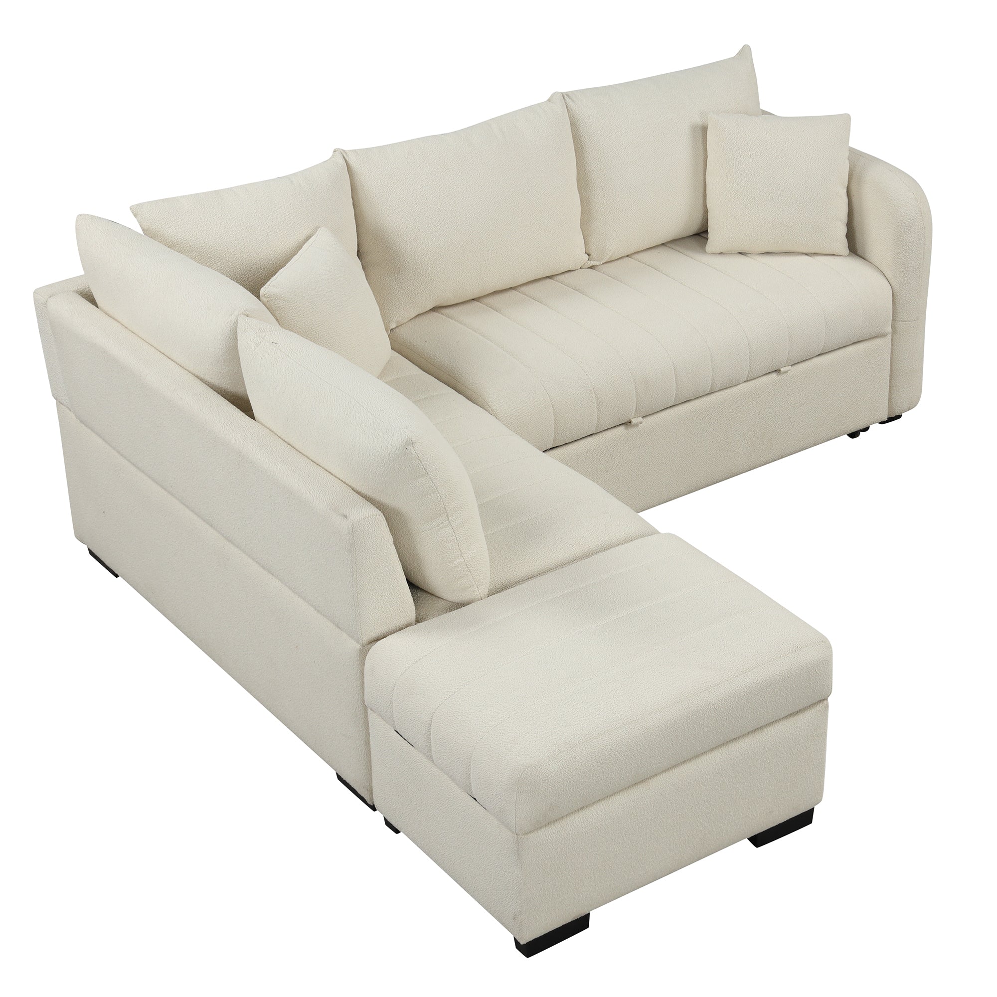 L-Shaped Sectional Sofa Bed w/ Storage Ottoman - Beige
