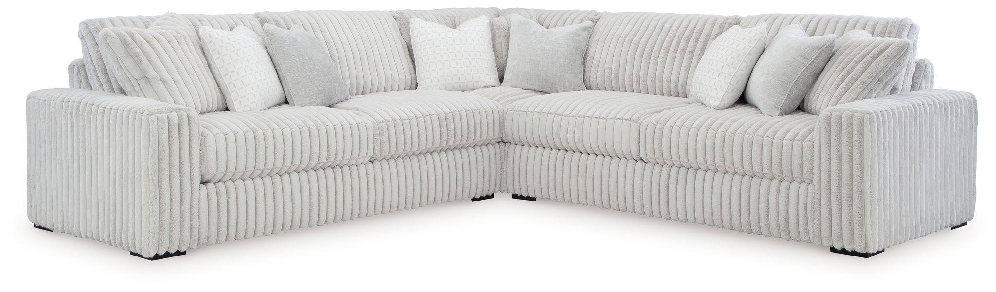 Gray corner sectional sofa with chaise, ribbed fabric and padded rolled arms