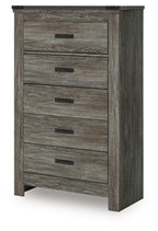 Gray five-drawer chest with wood grain and black bar handles
