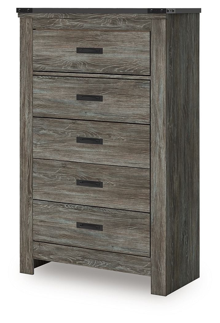 Gray five-drawer chest with wood grain and black bar handles