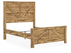 Light brown wooden panel bed frame with crossbuck headboard and footboard, white mattress