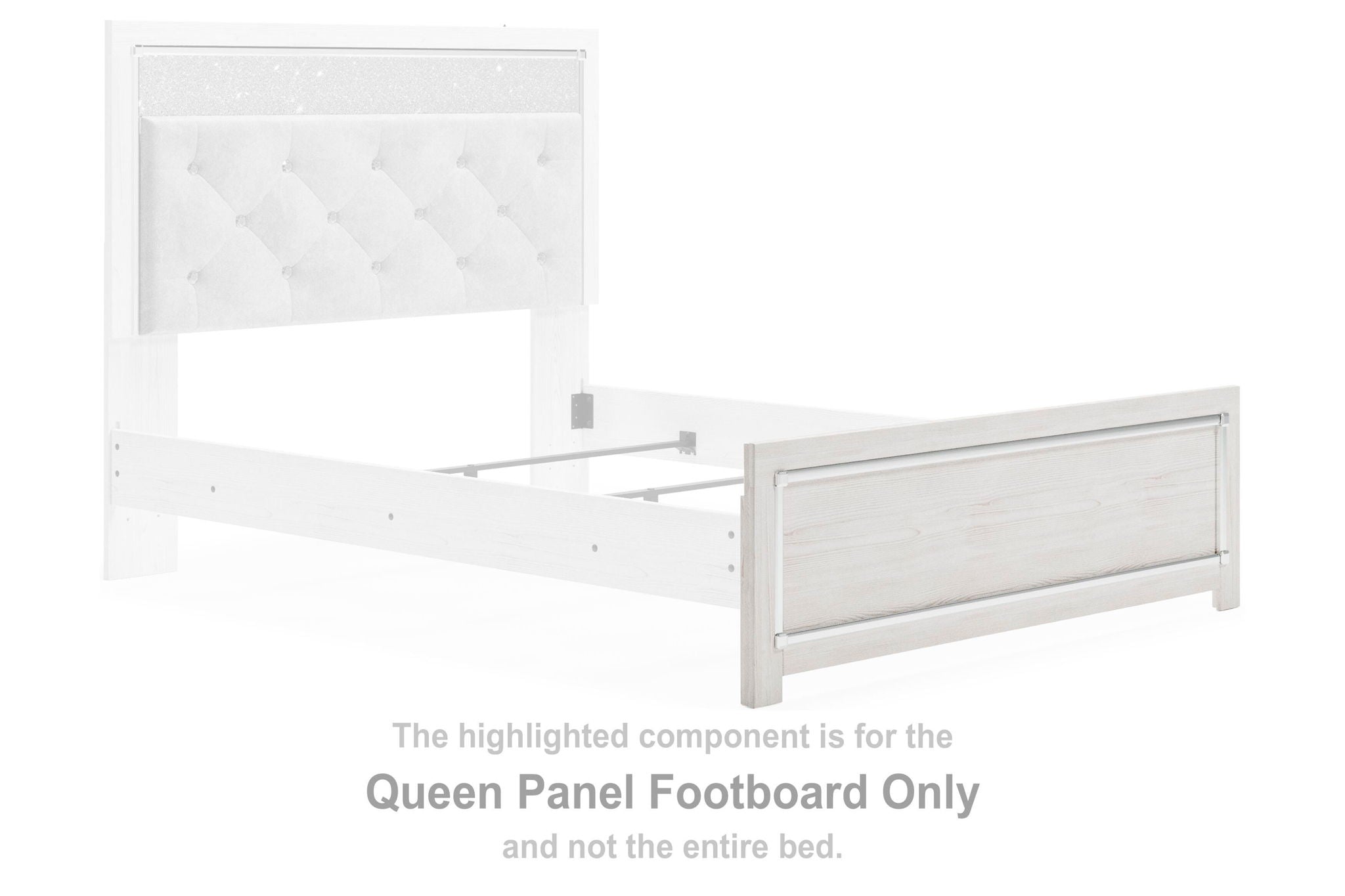 White queen bed frame footboard with panel door-style center section