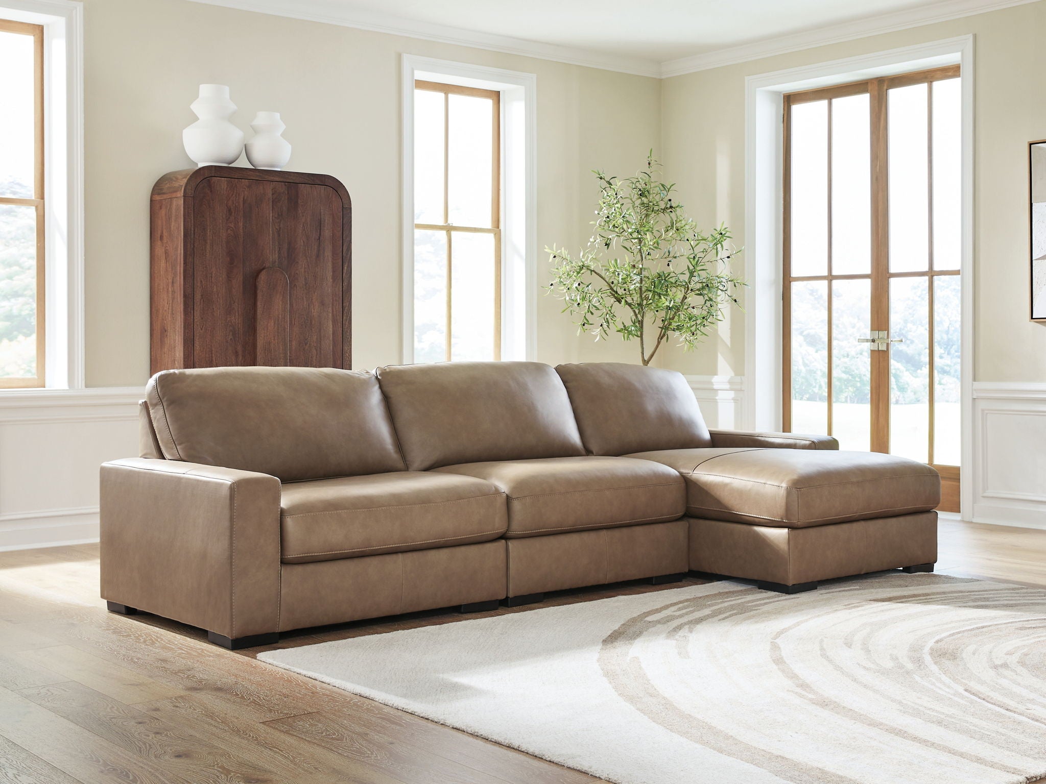 Sahara sectional sofa with corner chaise, square arms, and cushioned back