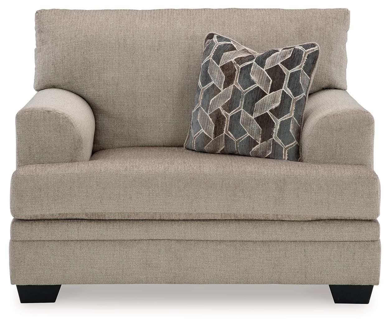 Light beige chair-and-a-half armchair with square geometric patterned cushion