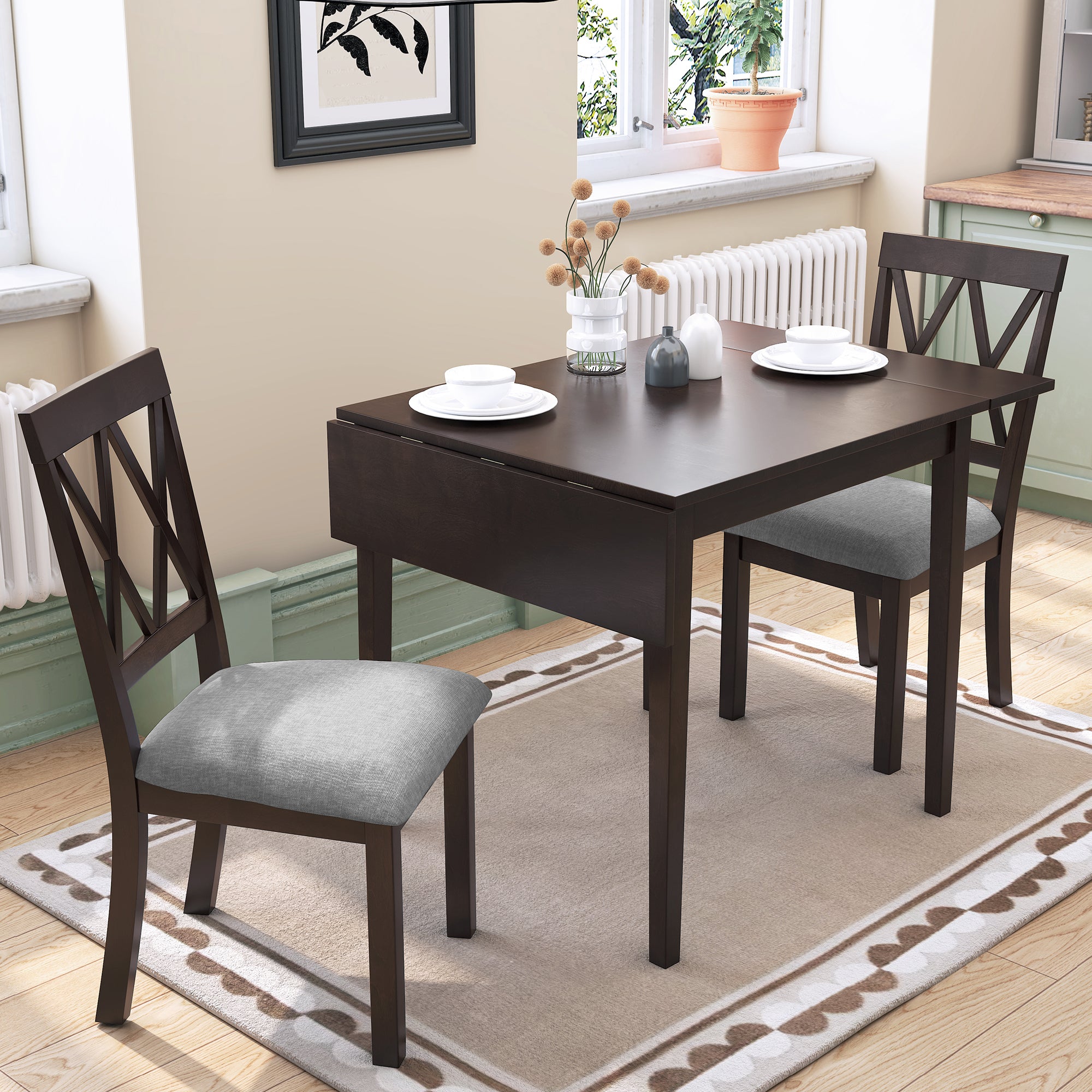 3 Piece Drop Leaf Kitchen Dining Set - Espresso