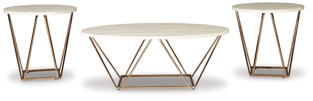 Occasional table set with three round tables: off-white tops and metallic gold X-style legs