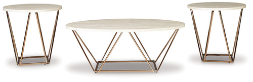 Occasional table set with three round tables: off-white tops and metallic gold X-style legs