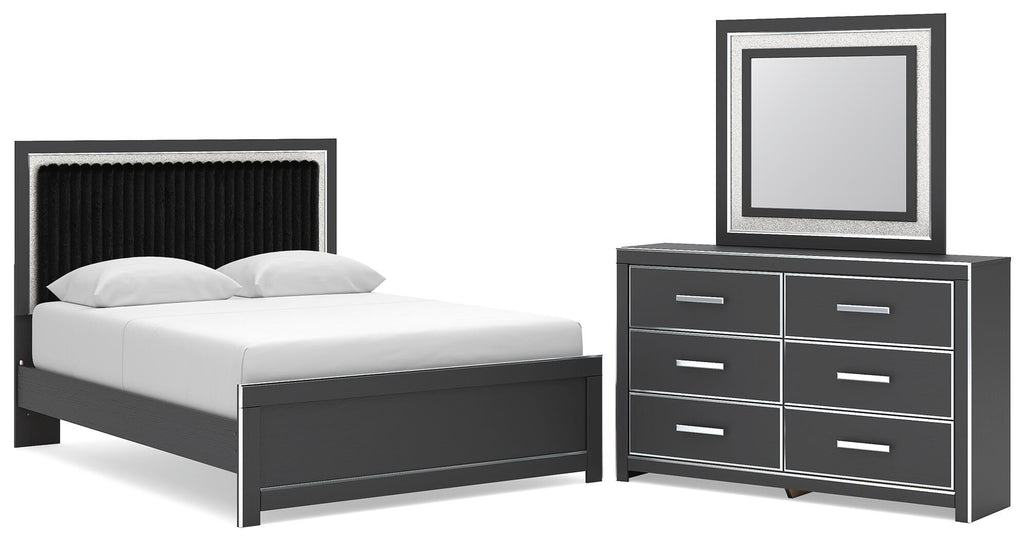 Upholstered panel platform bed with dark frame and vertical headboard, paired with bedding.