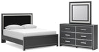 Upholstered panel platform bed with dark frame and vertical headboard, paired with bedding.