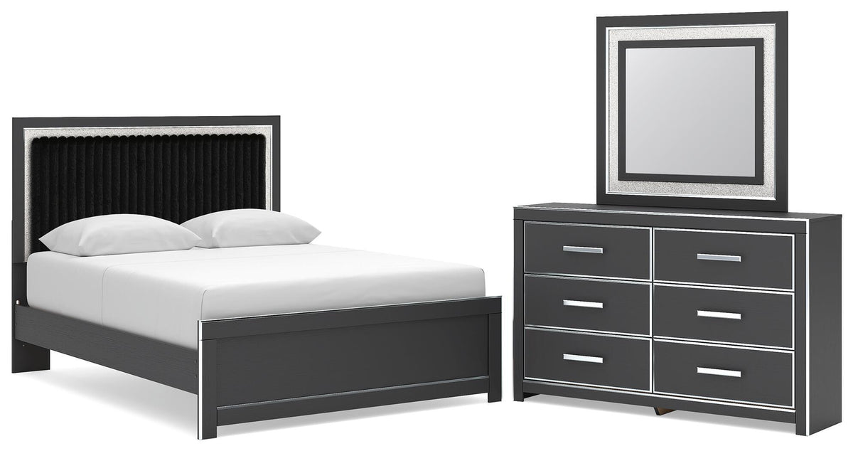 Upholstered panel platform bed with dark frame and vertical headboard, paired with bedding.