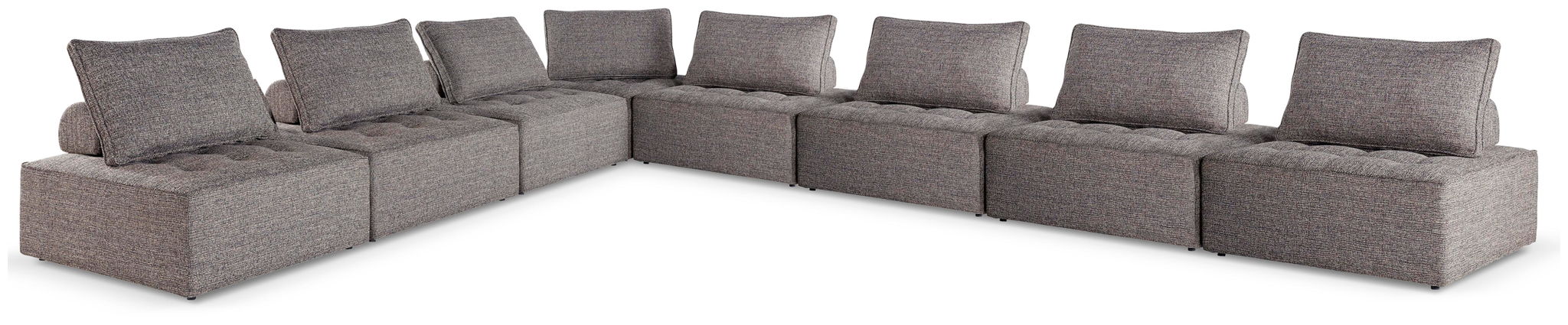 Outdoor sectional seating, dark gray fabric, multiple seat and back cushions