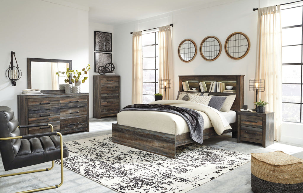 Panel bookcase bed with under-drawer storage, weathered wood frame, white bedding and pillows