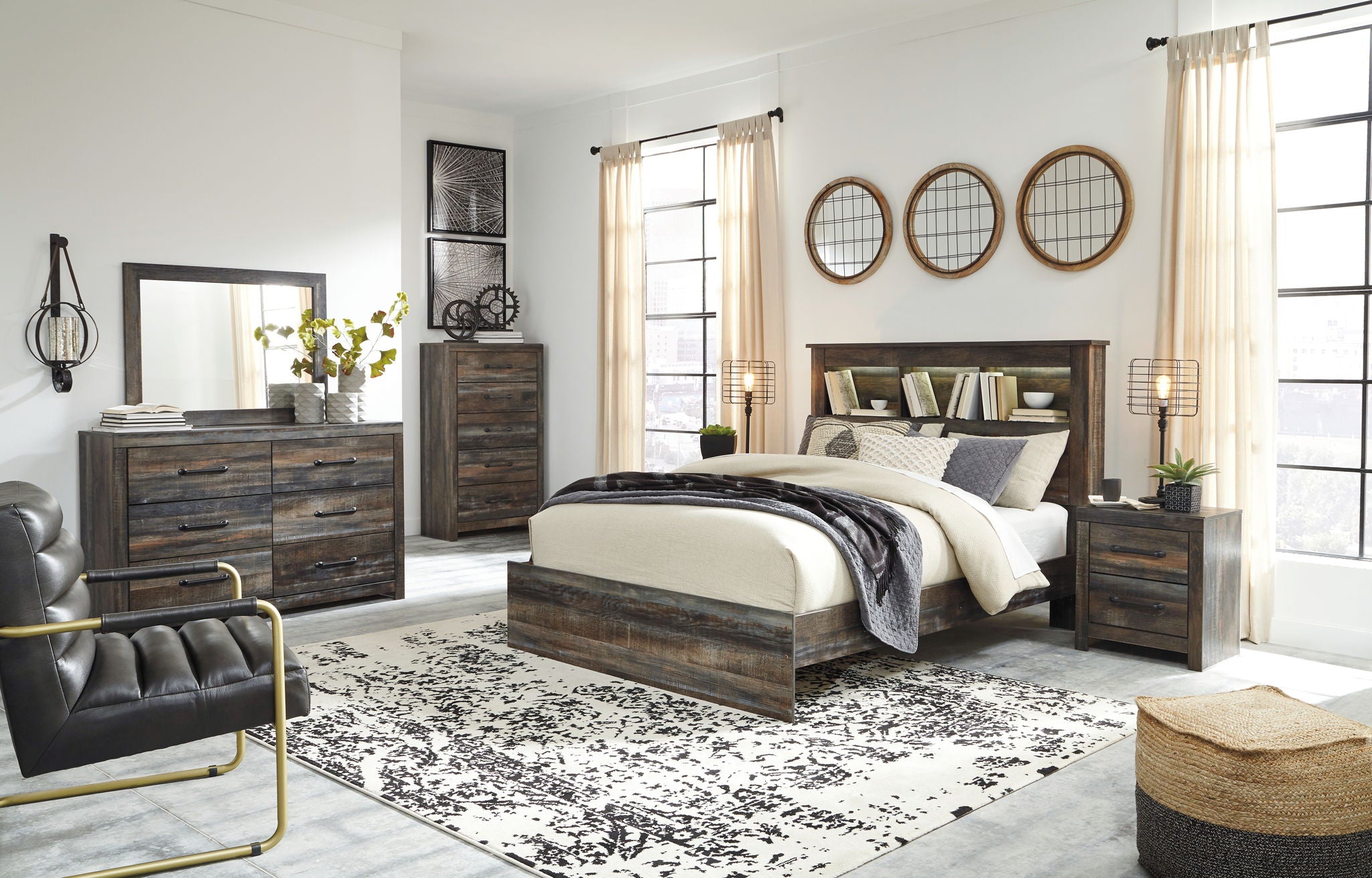 Panel bookcase bed with under-drawer storage, weathered wood frame, white bedding and pillows