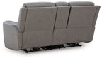 Gray power reclining loveseat with console and adjustable headrest, side profile