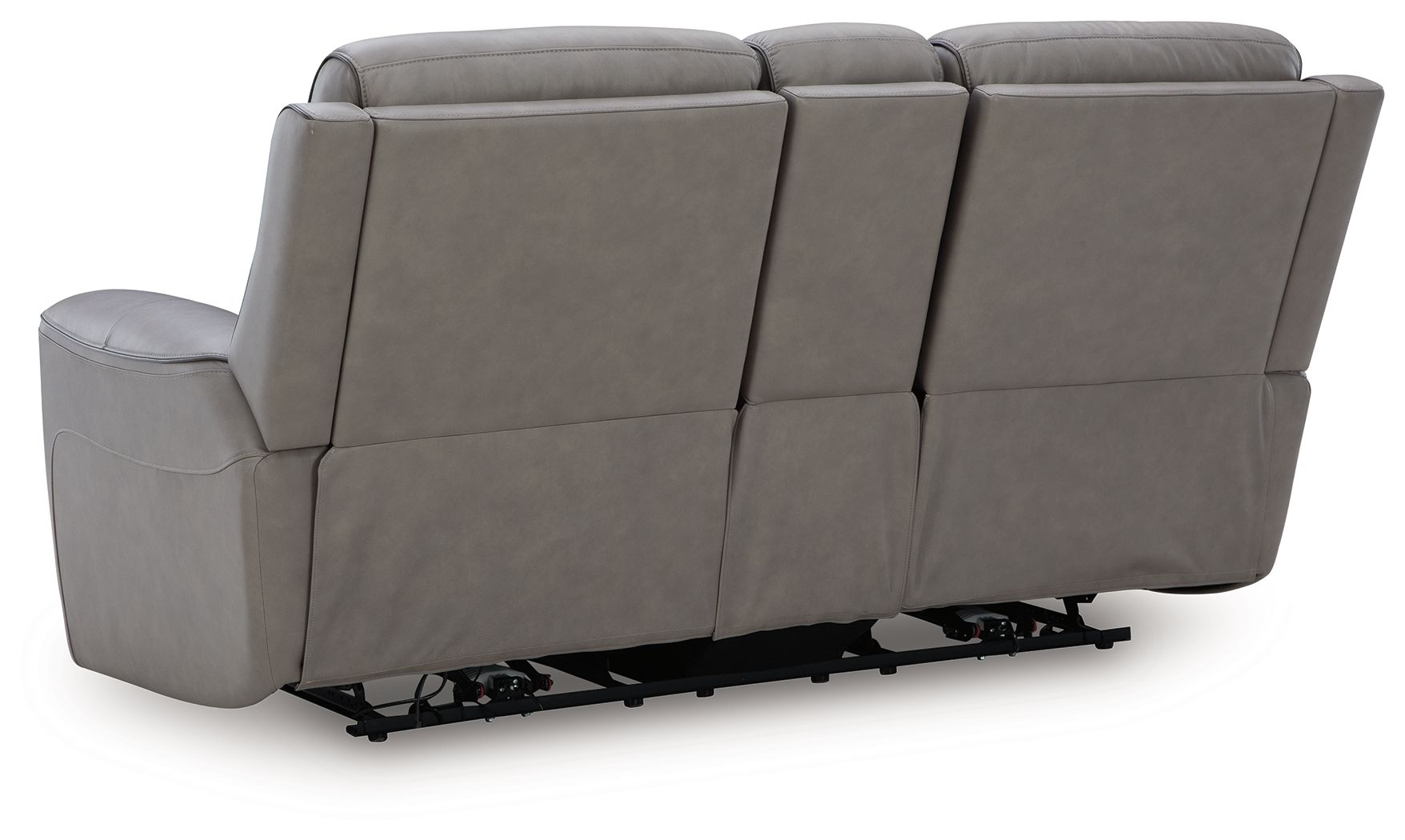 Gray power reclining loveseat with console and adjustable headrest, side profile