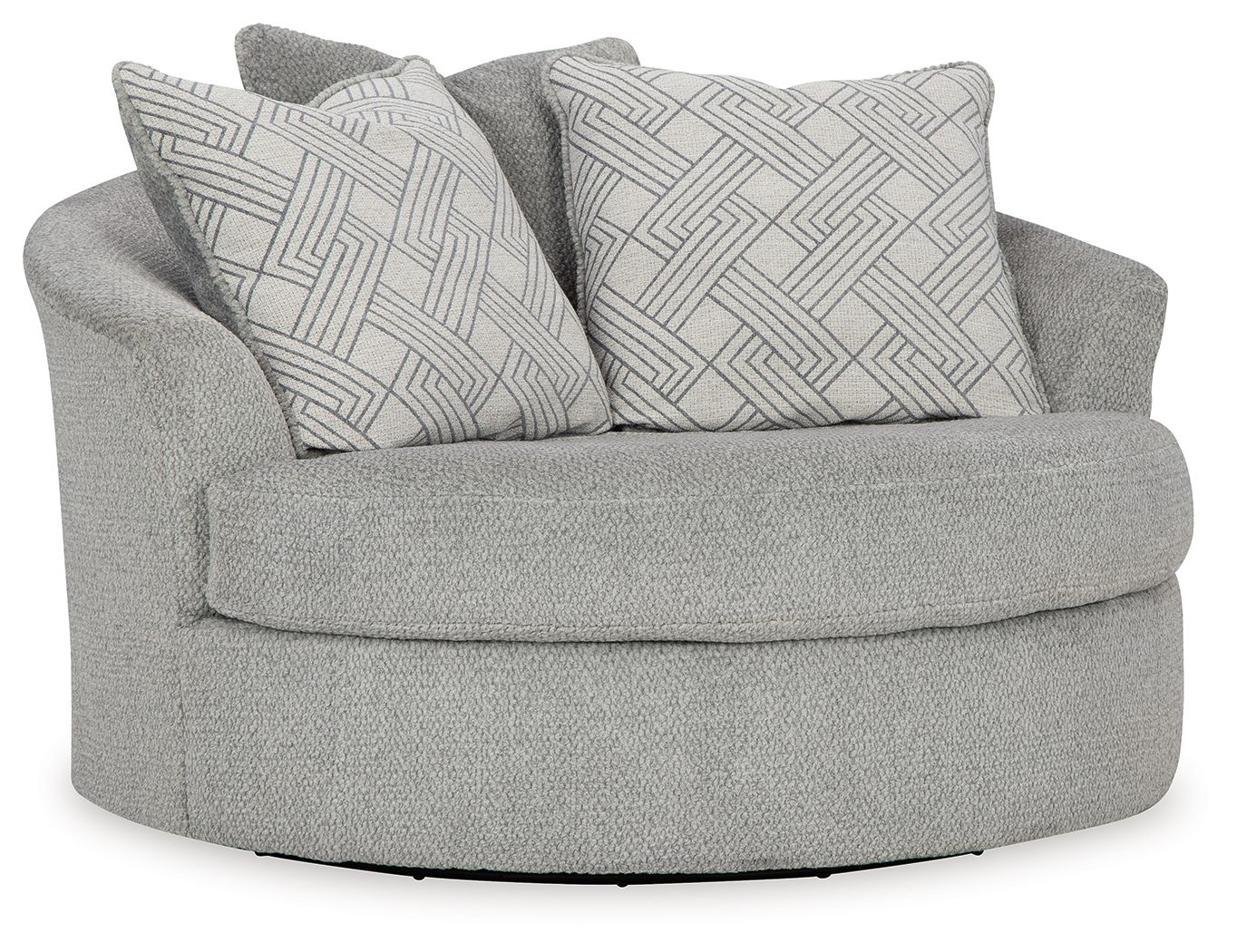 Oversized swivel accent chair in cement gray with two patterned throw pillows