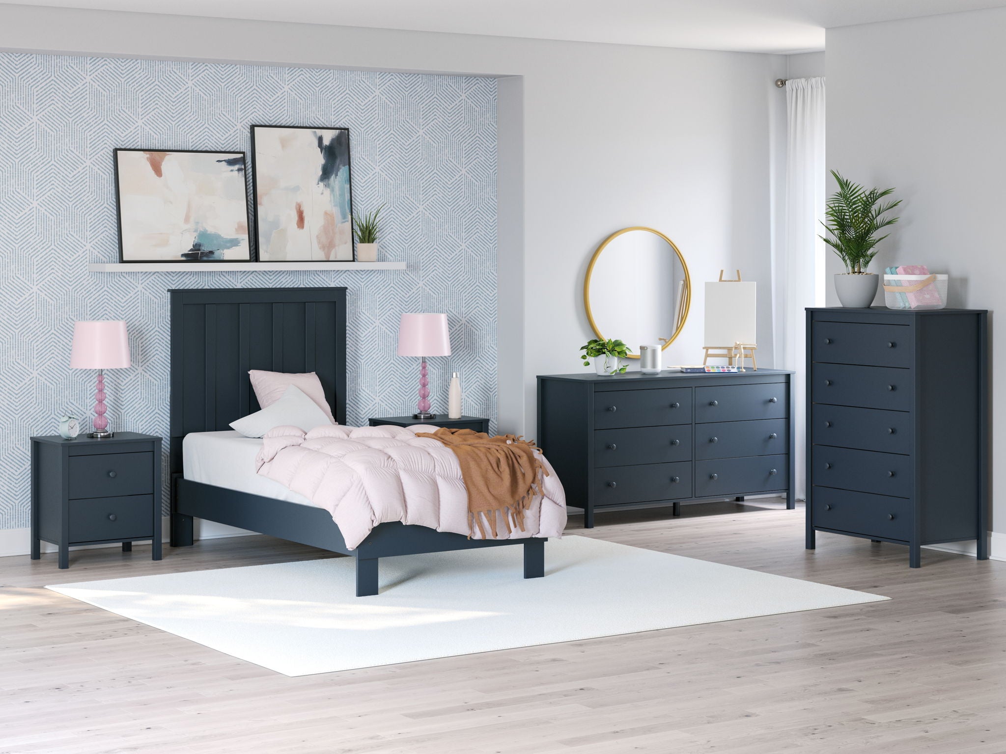 Platform bedroom set with dark blue bed, dresser, and two matching nightstands