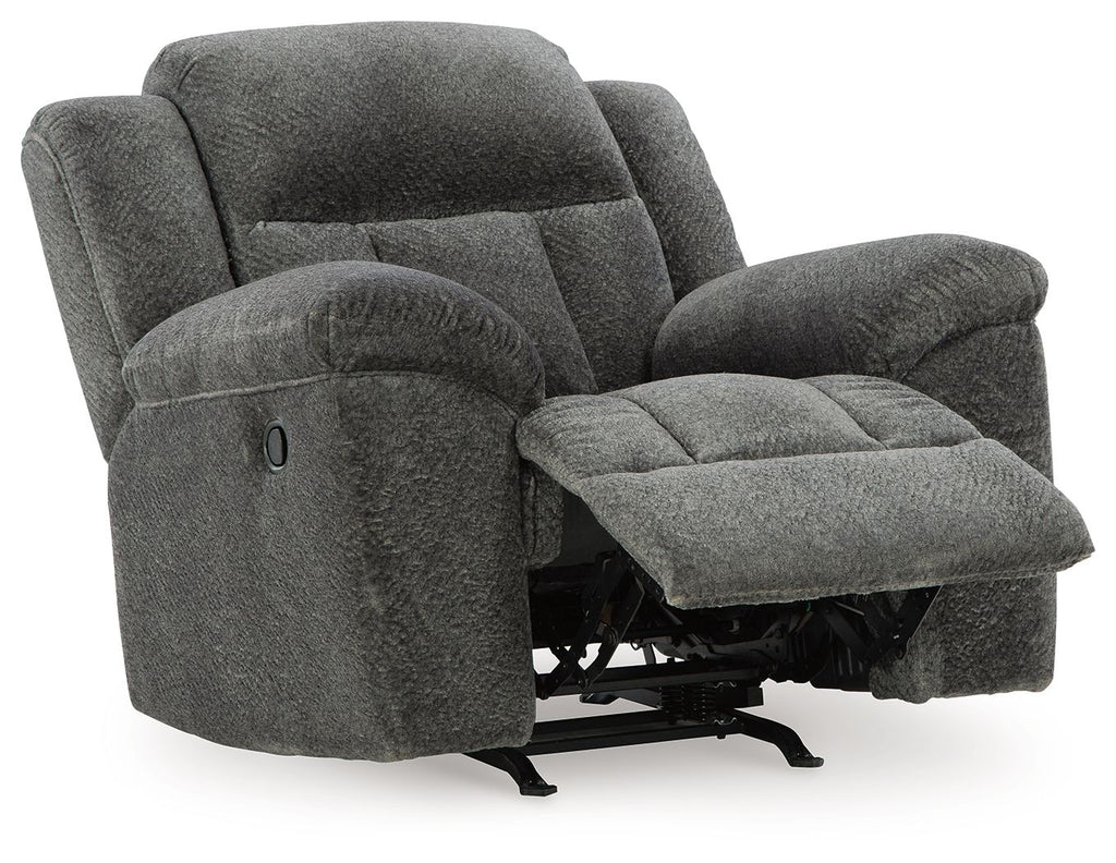 Graphite fabric rocker recliner chair reclined with open leg support